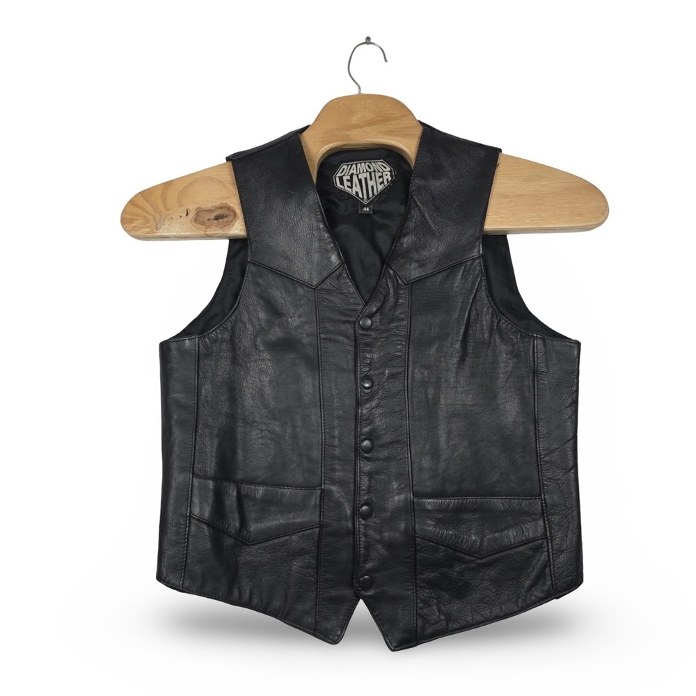 Diamond Leather Vest‎ Mens Size 44 Black Biker Motorcycle Western Snap Front VTG